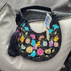 Black Beaded Floral Crescent Clutch with Multicolor Embroidery